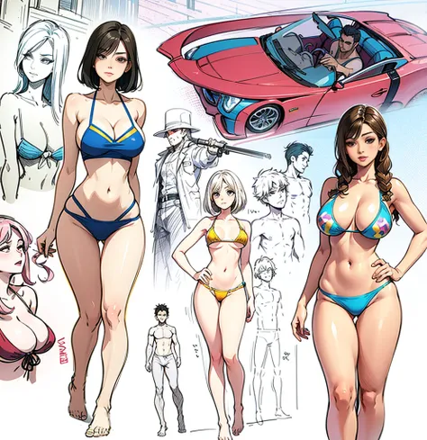 sketches of a woman in a bikini and a man in a swim suit, oppai proportions, realistically proportioned body, realistic body proportions, anime proportions, realistic bikini, realistic proportions!!, realistic body shape, realistic proportions sfw, feminin...