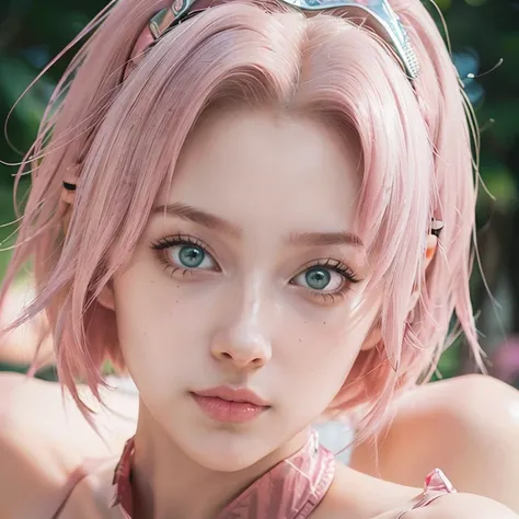 young woman, short shoulder-length pink hair, wide forehead, porcelain skin, pink eyebrows, big emerald green eyes, buttoned nose, full lips, heart-shaped face, slender body, small breasts, red tank top, Sakura Haruno , realistic, realism, details, 3d, wel...