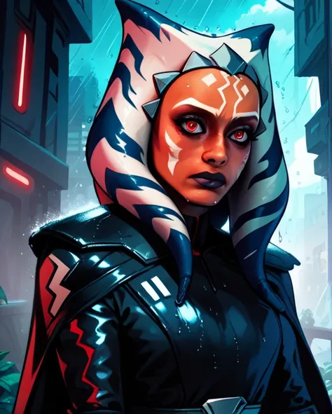 score_9,score_8_up,score_7_up,score_6_up,ahsoka tano red eyes, upper body, wet, armor,gloves,black bodysuit,black cape,belt,rain, science fiction,sith base, star wars, outdoors, rain, solo,
