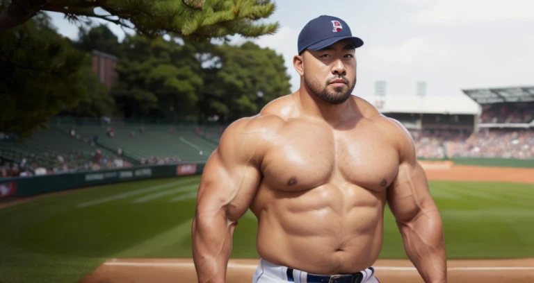 (cap:1.4), (baseball uniform:1.4), (at baseball ground:1.4), Japanese man, Chinese man, Korean man, Taiwanese man, manly face, fat face, (round face:1.4), (monolid eyes:1.2), (buzz cut:1.4), very large and strong body, bulky body, beefy muscles, (bulging m...