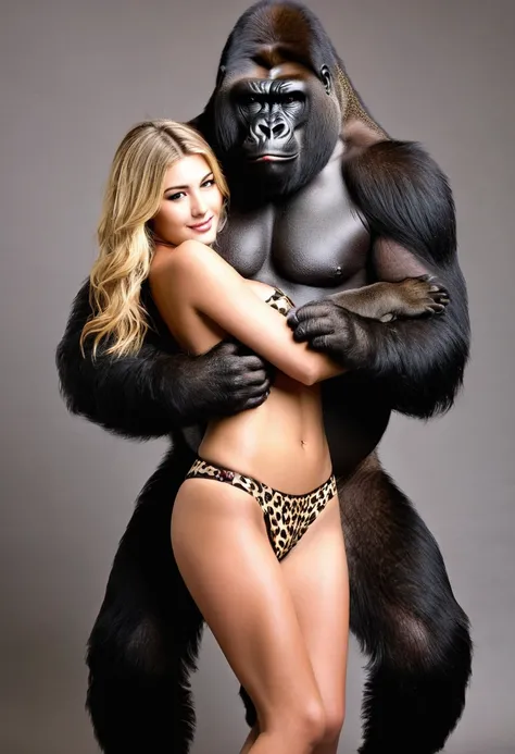 giant gorilla monster  carries  faint limp topless beautiful  leopard thong teen stripper  girl in his arms embrace 