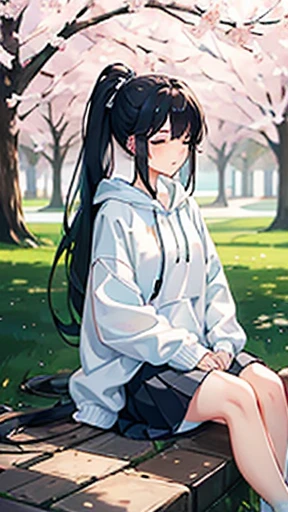 spring park、Cherry tree in full bloom、sit、girl、black hair、long hair、Forehead is coming out、ponytail、White Large Hoodie、Light blue long skirt、white sneakers、headphones、I close my eyes and listen to music、bust shot