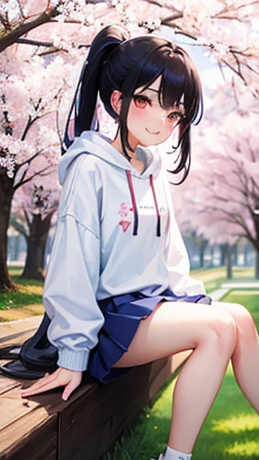 spring park、Cherry tree in full bloom、sit、girl、black hair、long hair、Forehead is coming out、ponytail、White Large Hoodie、Light blue long skirt、white sneakers、smile、zoom