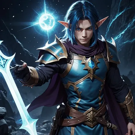 Generate half hight elf man class warlockpaladin in ranger outfit deepbluehair using magic sword