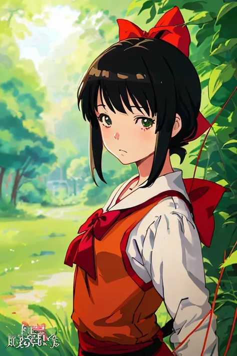 (anime,cartoon,illustration), (archer:1.1,kid girl ,shy expression), (black hair), (using her bow), (colorful, bright, vibrant), (lush greenery in the background), (detailed eyes),(smooth lines, sharp details), (soft lighting), (dynamic pose)