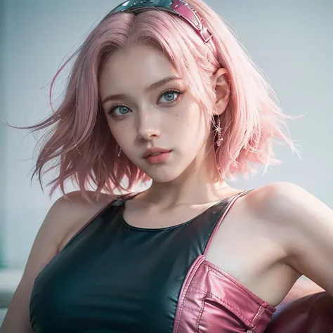 young woman, short shoulder-length pink hair, wide forehead, porcelain skin, pink eyebrows, big emerald green eyes, buttoned nose, full lips, heart-shaped face, slender body, small breasts, red tank top, Sakura Haruno , realistic, realism, details, 3d, wel...