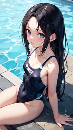 Midsummer、pool、sit、girl、black hair、long hair、Forehead is coming out、wet hair、light blue swimsuit、slender、abs、zoom、smallbrests