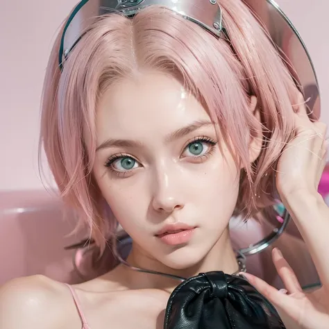 young woman, short shoulder-length pink hair, wide forehead, porcelain skin, pink eyebrows, big emerald green eyes, buttoned nose, full lips, heart-shaped face, slender body, small breasts, red tank top, Sakura Haruno , realistic, realism, details, 3d, wel...