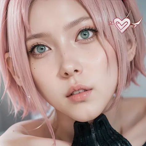 young woman, short shoulder-length pink hair, wide forehead, porcelain skin, pink eyebrows, big emerald green eyes, buttoned nose, full lips, heart-shaped face, slender body, small breasts, red tank top, Sakura Haruno , realistic, realism, details, 3d, wel...