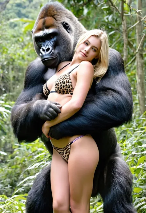 giant gorilla monster  carries  faint limp topless beautiful  blonde leopard thong teen girl in his arms embrace 