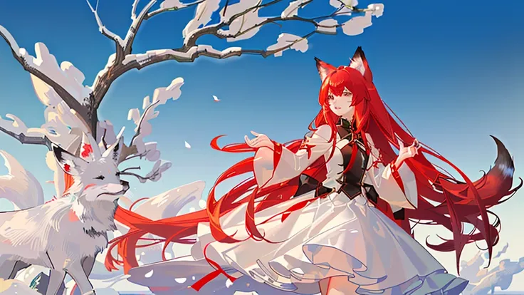 girl with red long hair, red and white royal clothes, fox ears, nine tails, fox, white fox, sky