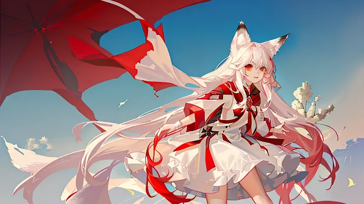 girl with red long hair, red and white royal clothes, fox ears, nine tails, fox, white fox, sky