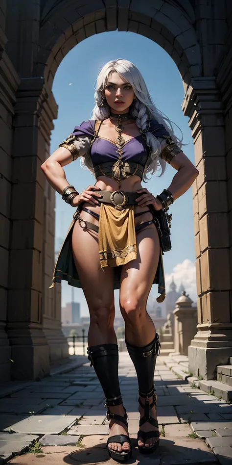 full body, whole body. 1solo (girl). slave fighter, loincloth standing, hands on hips full body, whole body. 1solo (girl). slave fighter, loincloth standing, hands on hips, metal sandals, backpack, choker, big belt, view from below, feet together, bracers,...