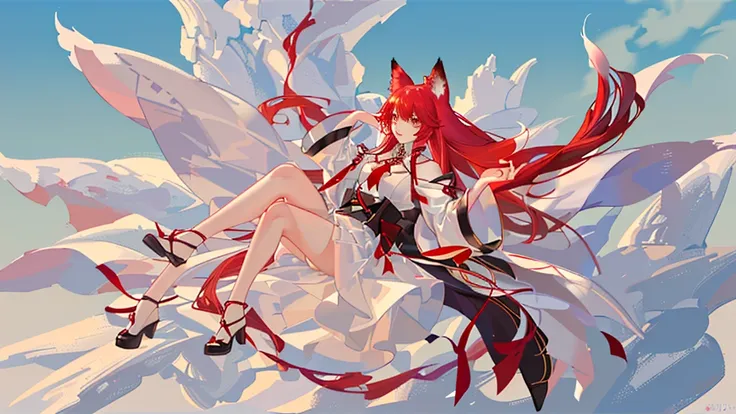 girl with red long hair, red and white royal clothes, fox ears, nine tails, fox, white fox, sky, anime face