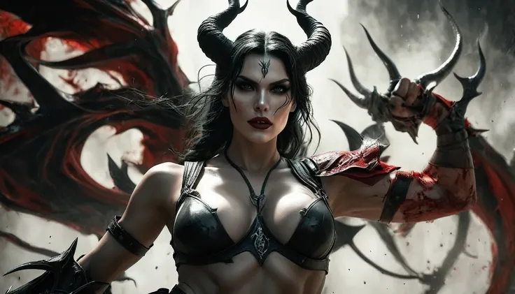 (((skulls on the ground))), (((Make a blood sacrifice))), (carnage:1.5),(black and white demoness:1.5),(beautiful female model:1.5), (demoness with Large horns:1.25),(1 super muscular with flayed skin:1.5),  (perfect anatomy:1.5), high detail, best quality...