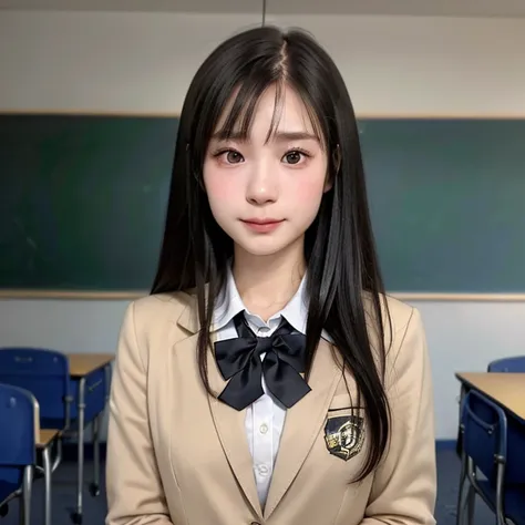 (kawaii 18 year-old Japanese girl, Nogizaka idol, Korean idol), (glossy black hair, high ponytail, bangs:1.3), (extra rounded face, single eyelid, no makeup, soft smiling:1.2), (well shaped whitened teeth:0.7), (wearing Japanese school uniforms, blazer jac...