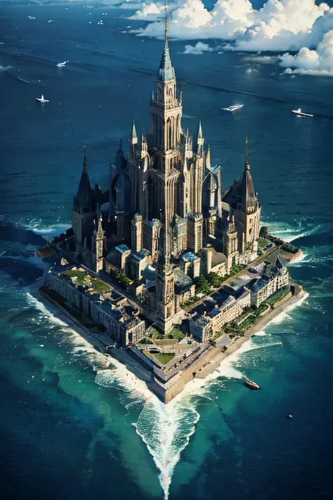 militaristic city floating on the ocean