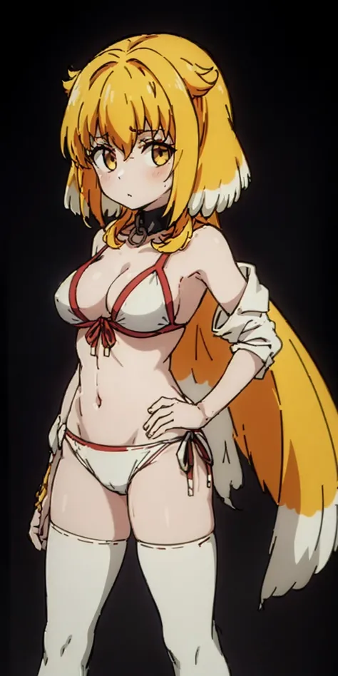 ((BLACK BACKGROUND1:2)) masterpiece, best quality, high quality, 1solo white SKIN, long hair, blonde hair, yellow eyes, full body, black bikini, looking at viewer, shiny, black thighhighs, high boots,shoulder armor, faulds, poleyn, gloves, gauntlets, FEET ...