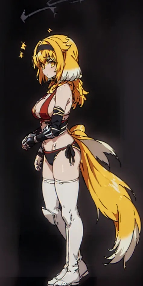 ((BLACK BACKGROUND1:2)) masterpiece, best quality, high quality, 1solo white SKIN, long hair, blonde hair, yellow eyes, full body, black bikini, looking at viewer, shiny, black thighhighs, high boots,shoulder armor, faulds, poleyn, gloves, gauntlets, FEET ...