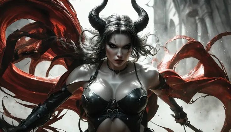 (((skulls on the ground))), (((Make a blood sacrifice))), (carnage:1.5),(black and white demoness:1.5),(beautiful female model:1.5), (((Large breast:2.0o))), (demoness with Large horns:1.25),(1 super muscular with flayed skin:1.5),  (perfect anatomy:1.5), ...