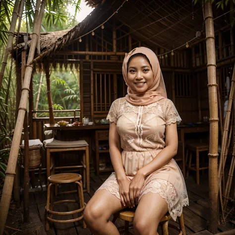 A 42 years old Indonesian woman in peach color hijab, wearing see-through peach color lace dress, smiling and sitting on the stool in the old bamboo cabin in a forest, look to the viewer with eye close, darker skin, curvier body, short body