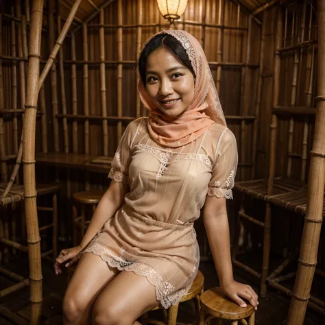 A 42 years old Indonesian woman in peach color hijab, wearing see-through peach color lace mini dress, smiling and sitting on the stool in the old bamboo cabin in a forest, look to the viewer with eye close, darker skin, curvier body, short body