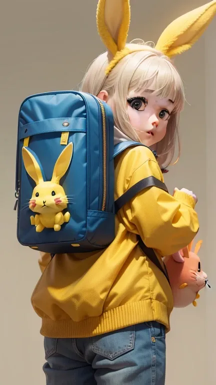 The cute little yellow rabbit jumps a few times with a small backpack on its back