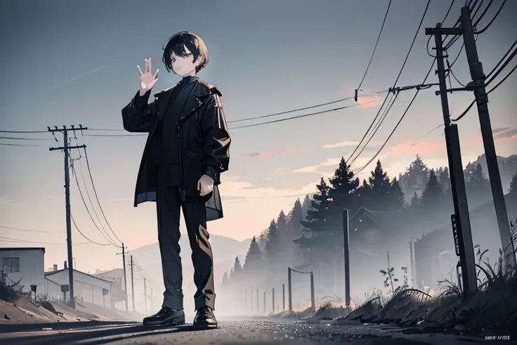 monochrome,masterpiece, illustration, best quality, best aathetic,male focus,long shot,full body,boy,a boy waving his hand,black jacket,short hair,15 years old,forehead,brow,narrow eyes,standing,exchanging greetings,farewell,Roads and telegraph poles,