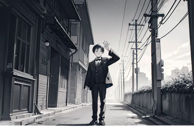 monochrome,masterpiece, illustration, best quality, best aathetic,male focus,long shot,full body,boy,a boy waving his hand,black jacket,short hair,15 years old,forehead,brow,narrow eyes,standing,exchanging greetings,farewell,Roads and telegraph poles,