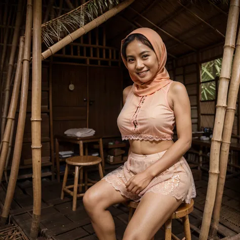 A 52 years old Indonesian woman in peach color hijab, wearing peach color bra, wearing see-through peach color lace skirt, smiling and sitting on the stool in the old bamboo cabin in a forest, look to the viewer with eye close, dark skin, skinny body, shor...