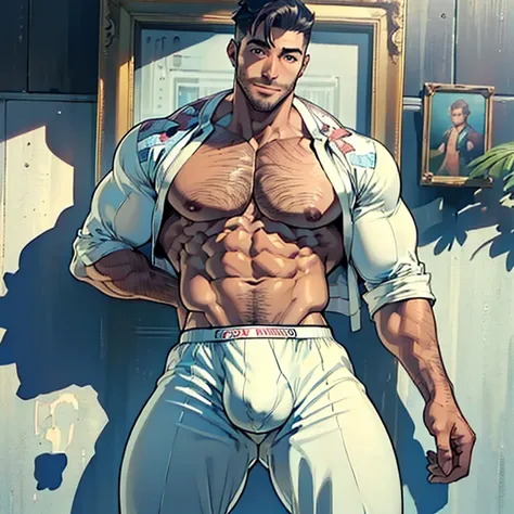 ((Best Quality, 8K, ultra-detailed, Masterpiece: 1.3)), 1boy, shiny skin, sharp, Perfect Body Beauty, realistic shaded perfect body, (cute baby face:1.1),("underwear, big bulge ":1.2),(dynamic pose:1.1), thigh , bedroom , (bulge focus:1.2)