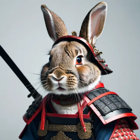 Realistic ultra HD close-up portrait，A rabbit wearing samurai armor, facial expressions show strong emotions.