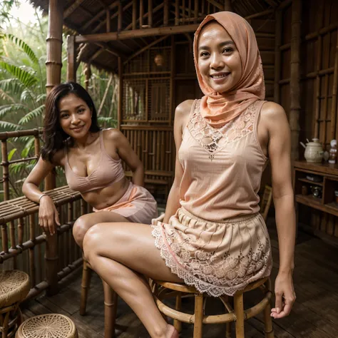 A 52 years old Indonesian woman in peach color hijab, wearing peach color tank top, wearing see-through peach color lace skirt, smiling and sitting on the stool in the old bamboo cabin in a forest, look to the viewer with eye close, dark skin, skinny body,...