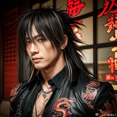 1 man, Japanese man, male, Asian eyes, muscular, broad shoulders, dragon tattoos, hairstyle Visual Kei style, hair Visual Kei, black mens shirt and black pants, ultra detailed face, hyperrealistic, realistic representation, long hair, long hair, 30 years o...