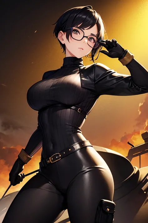 Wide angle shot, beautiful female fighter, wearing large glasses, black undercut hair, wearing large iron gloves, black and yellow Turtleneck outfit