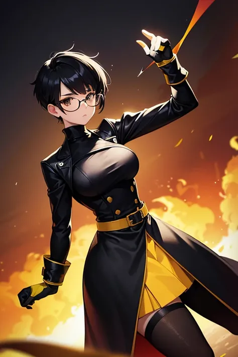 Wide angle shot, rear view, beautiful female fighter, wearing large glasses, black undercut hair, wearing large iron gloves, black and yellow Turtleneck outfit