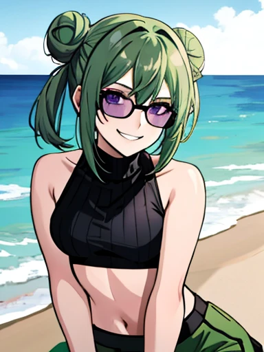 (highres), (best quality),1 girl, alone, medium hair, pastel green hair, twin buns, villain smile, violet eyes, round black sunglasses on head, beach, black sleeveless turtleneck top, green shorts, dark brown boots