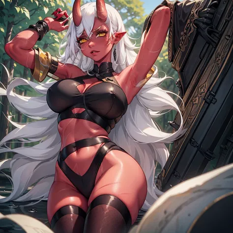 A girl with ((red skin, long white hair, yellow eyes, sexy clothes, and big breasts)). She also has ((red horns)). The colors of the image should be vivid, enhancing the fantasy style. The lighting should be dramatic, with high contrast and strong shadows....