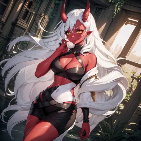 A girl with ((red skin, long white hair, yellow eyes, sexy clothes, and big breasts)). She also has ((red horns)). The colors of the image should be vivid, enhancing the fantasy style. The lighting should be dramatic, with high contrast and strong shadows....