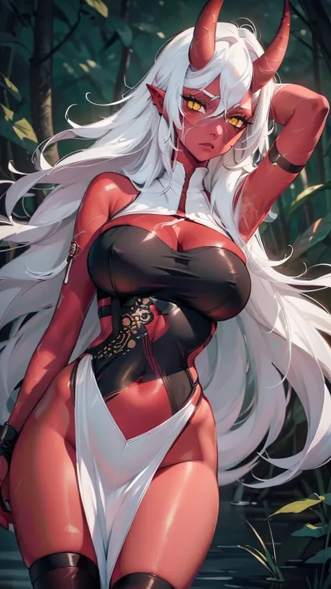 (((red-skinned girl))),((long white hair, yellow eyes,sexy clothes,big breasts,red horns)),vivid colors,fantasy style,dramatic lighting,(best quality,4k,8k,highres,masterpiece:1.2),ultra-detailed,(realistic:1.1),(HDR:1.1),(portraits:1.1) cute girl