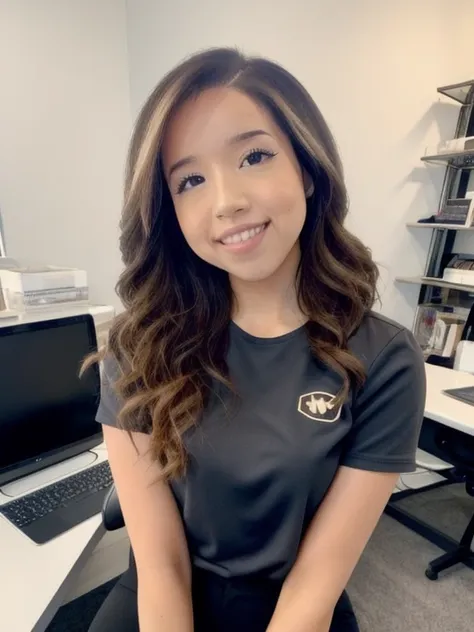 close up, (pokimane), wearing a , sexy, leaning on a desk, [cleavage:0.3], happy