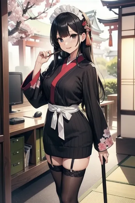 1girl, anime, black eyes, long black hair with square bangs, very long black hair, super long black hair, skirt and stockings, heels, black Japanese style kimono mixed with ribbed black sweater with red accents and sakura floral design, ((ribbed black swea...