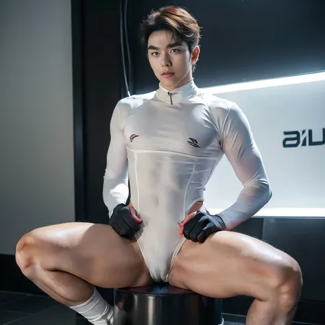 Futuristic rubber high waisted white leotard, skin tight, hair visible, hands visible, gloves, boots, toned male, young man, shiny leotard, hands covered, handsome man， big bulge , thick thighs , thick hips , handsome Korean man , K-pop idol, （bare thighs）...