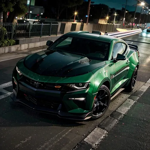 Realista imagen hd de un camaro verde con linea racing negra en una avenida de noche luces encendidas