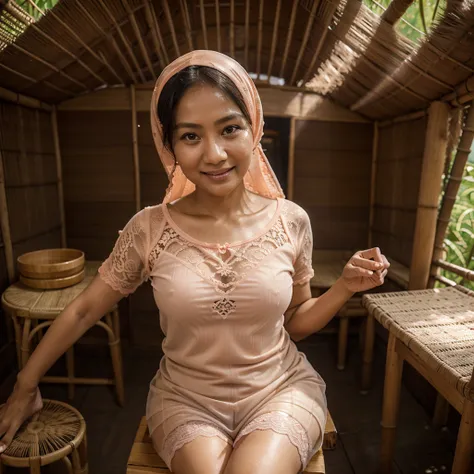 A 52 years old Indonesian woman in peach color hijab, wearing peach color tight t-shirt, wearing see-through peach color lace camisole, wearing very short see-through peach color lace skirt, smiling and sitting on the stool in the old bamboo cabin in a for...