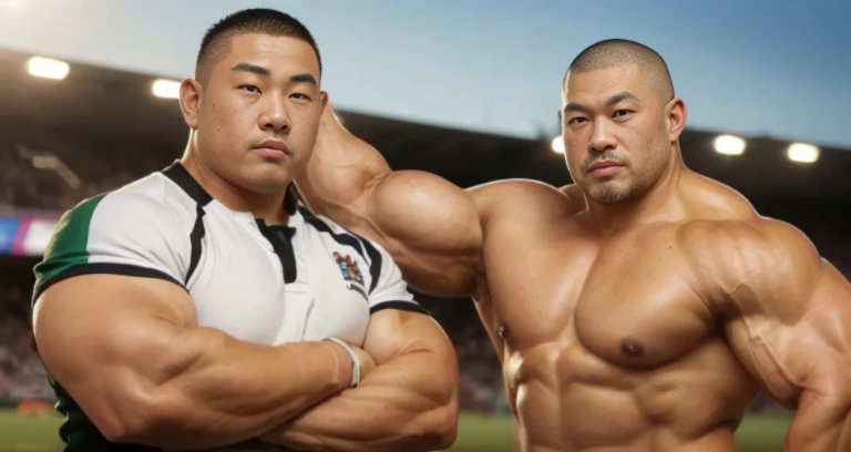 (at rugby ground:1.4), 40s, Japanese man, Chinese man, Korean man, Taiwanese man, manly face, fat face, (round face:1.4), (monolid eyes:1.2), (buzz cut:1.6), very large and strong body, bulky body, beefy muscles, (bulging muscles:1.4), (very large pectoral...