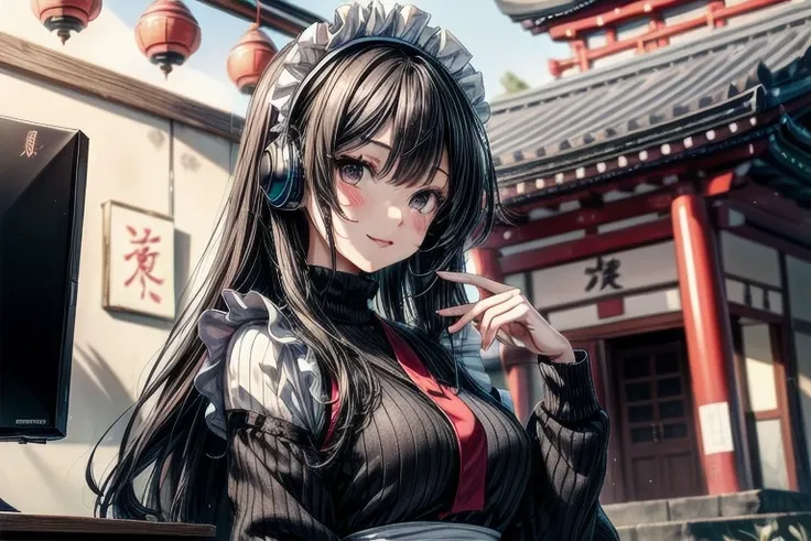 1girl, anime, black eyes, long black hair with square bangs, very long black hair, super long black hair, skirt and stockings, heels, black Japanese style kimono mixed with ribbed black sweater with red accents and sakura floral design, ((ribbed black swea...