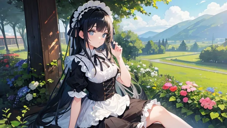 a cute girl，black hair，blue eyes，Wearing Lolita，Look up slightly，panoramic，whole body，early morning，sitting in the garden