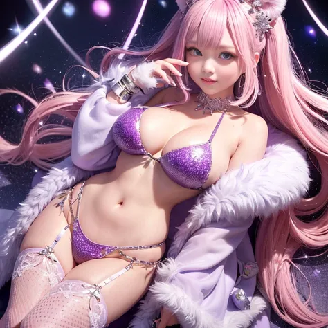 Upper body、one girl、I have blonde color、2 tone、(Pink highlight hair、bun hair、jewel design tiara、jewel design tiary、Super huge 、Very large shiny breasts、Purple leopard print glitter bra、off shoulder、fur coat、Sparkling jewel lace decoration on the body、leopa...