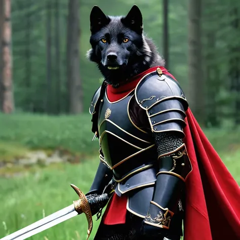 a black wolf in armor with a sword, Elisha Cuthbert as an advertisement&paladin, Poots Imogen D&paladin, knight, red armor, medieval knight, black and reddish colored armor, Wearing heavy armor with a cape, Paladin image, 4k red armoured knight wielding a ...